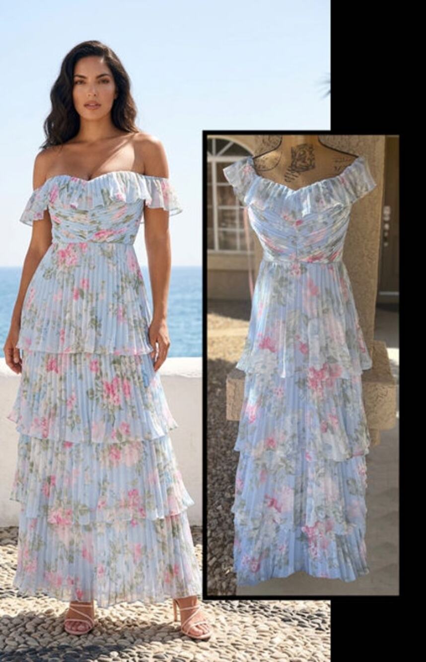 Lulus Always Remarkable Light Blue Floral Off-the-Shoulder Maxi Dress Size L